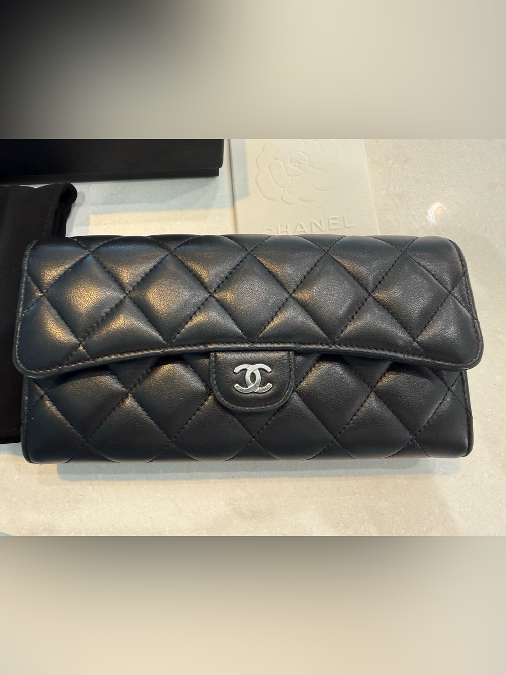 CHANEL Black Quilted Leather Wallet Clutch with Silver CC